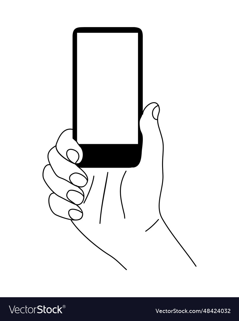 Hand holding mobile phone line art isolated