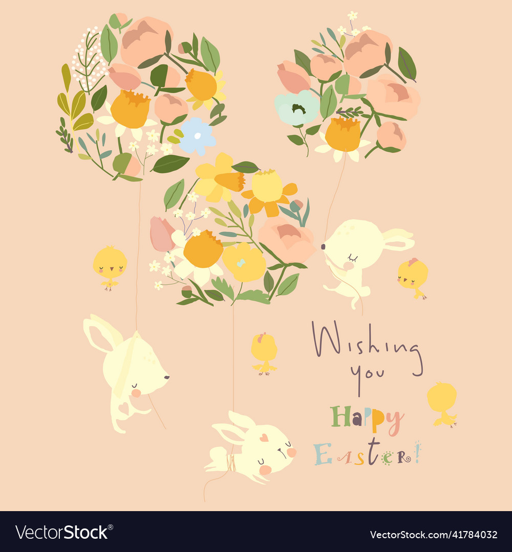 Happy cartoon rabbits flying on flowers balloons