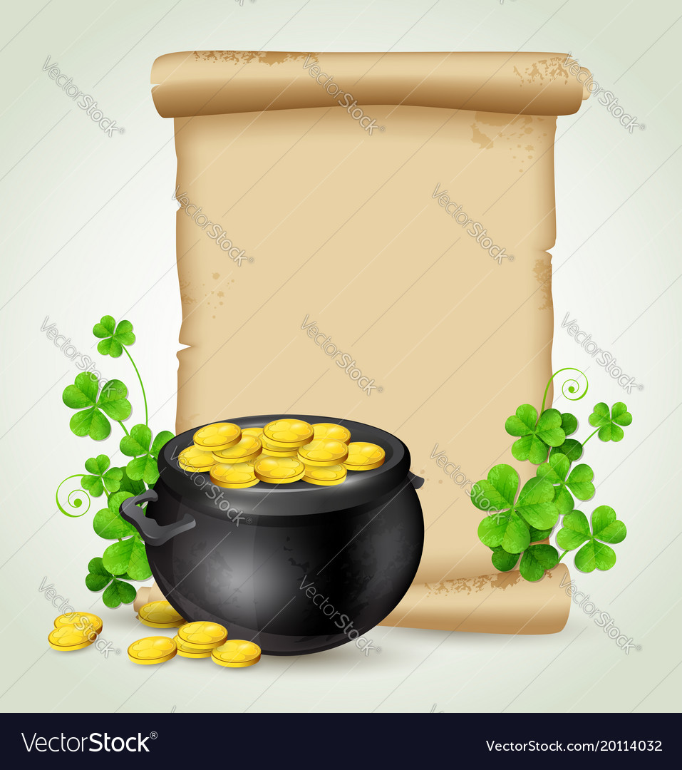 Old scroll pot of gold and clover leaves