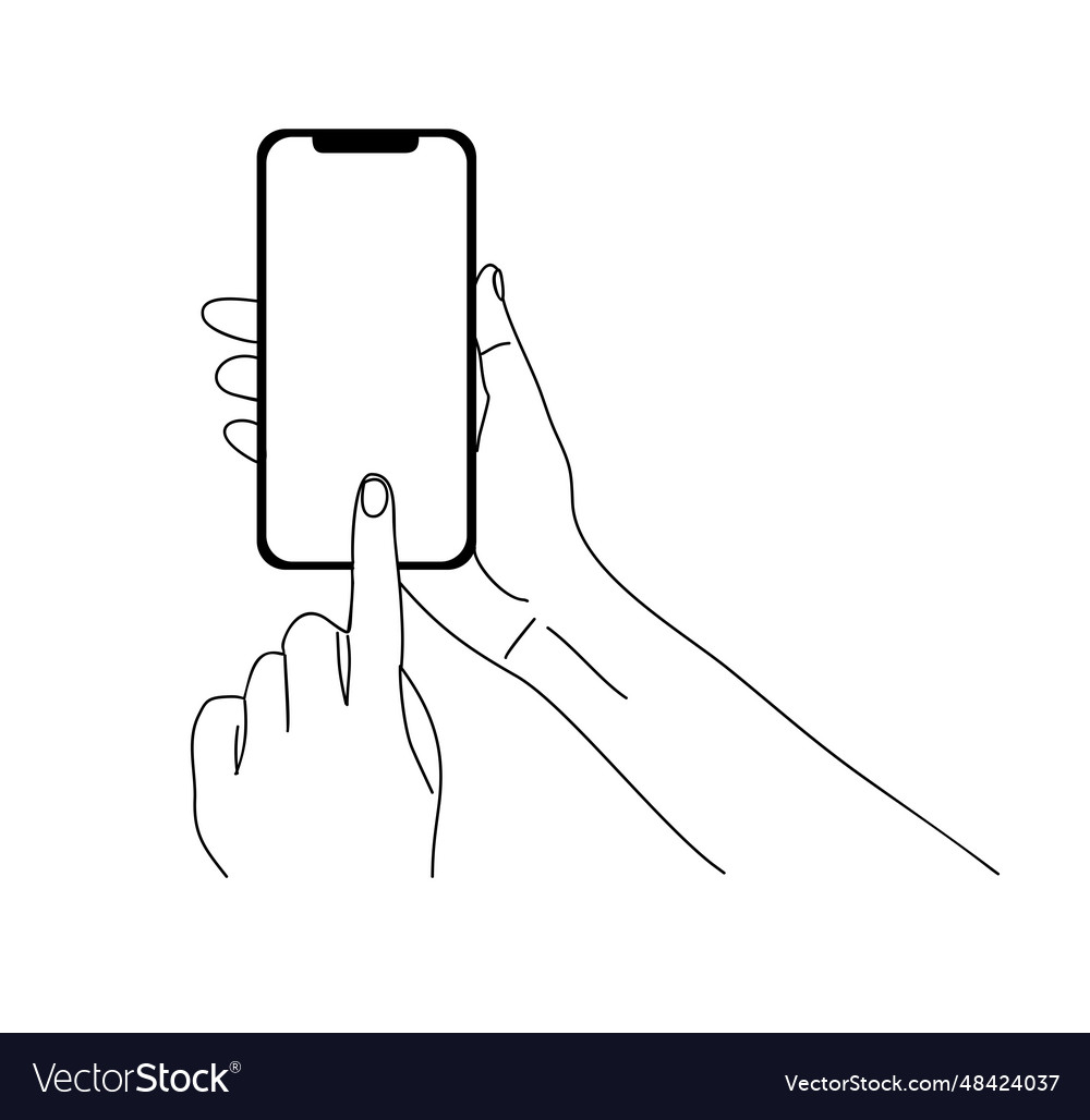 Hand holding mobile phone line art isolated