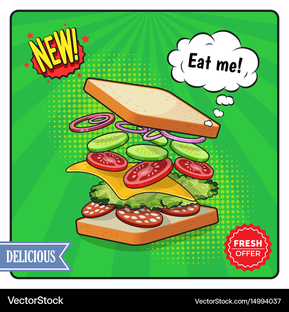 Sandwich advertising poster in comic style Vector Image
