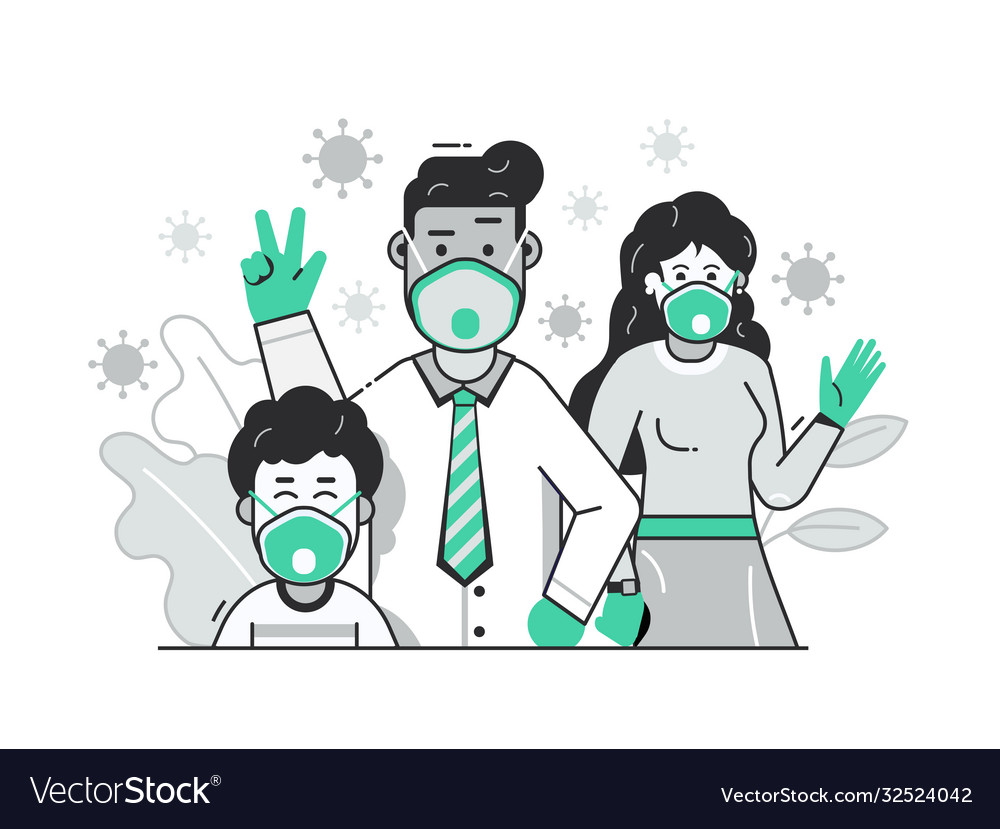 Family with face masks virus protection concept