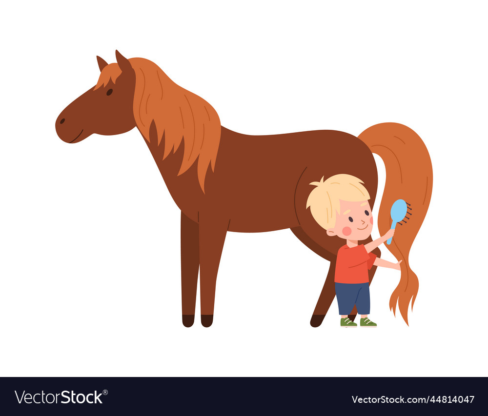 Little boy brushing horse tail with brush cartoon Vector Image