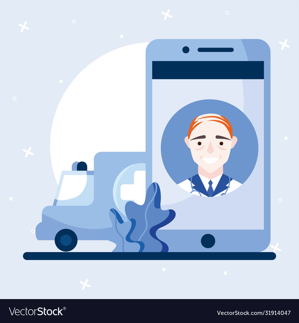 Online male doctor on smartphone and ambulance Vector Image