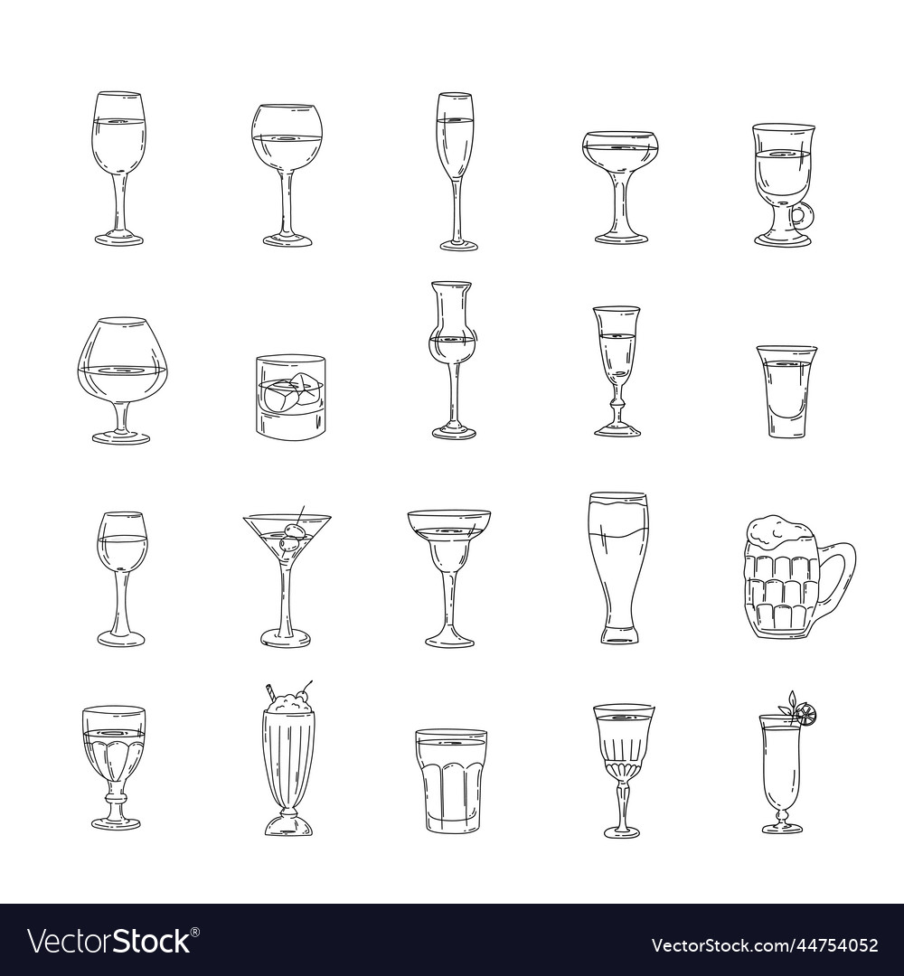 Glasses with names line icons set Royalty Free Vector Image