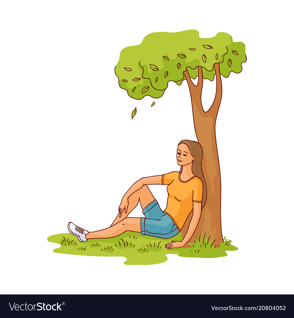 girl sitting against tree