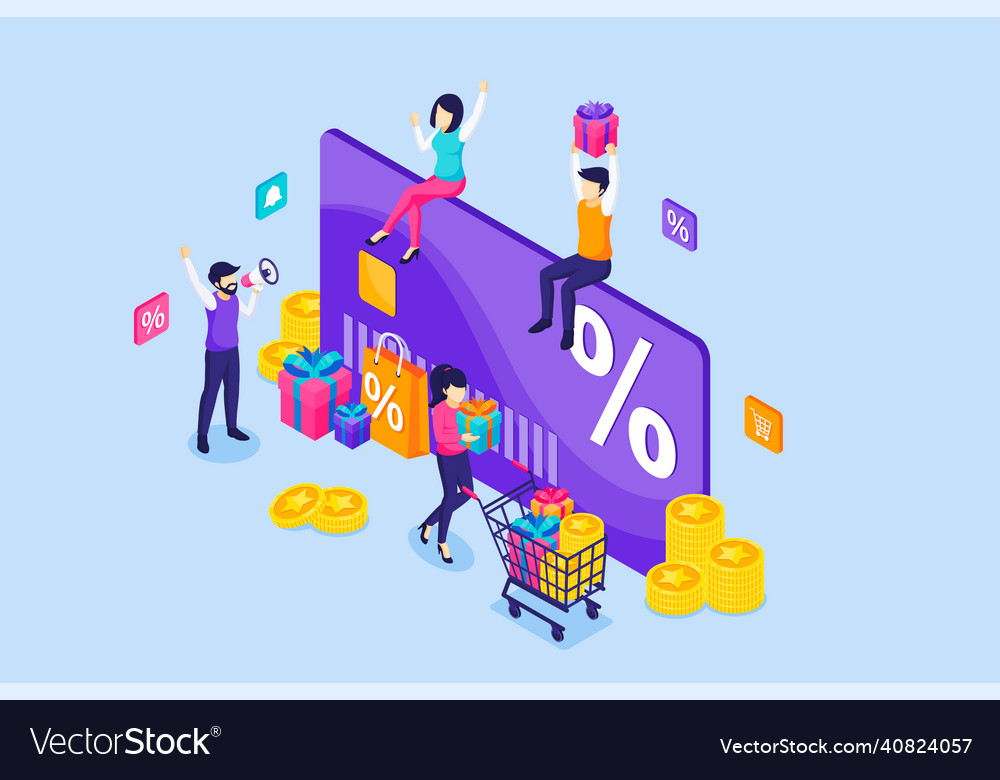 Happy people sitting on a giant discount loyalty Vector Image