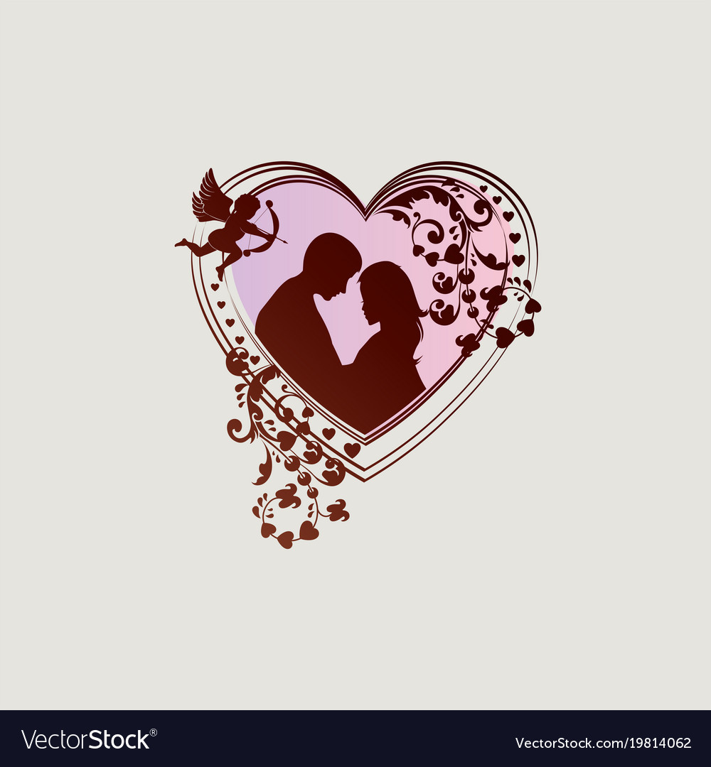 Silhouette Heart With Boy Girl And Cupid Vector Image