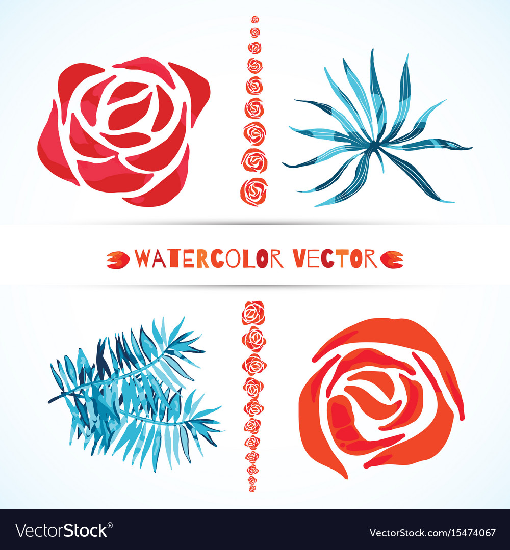 Set of palm leaves and rose flowers Royalty Free Vector