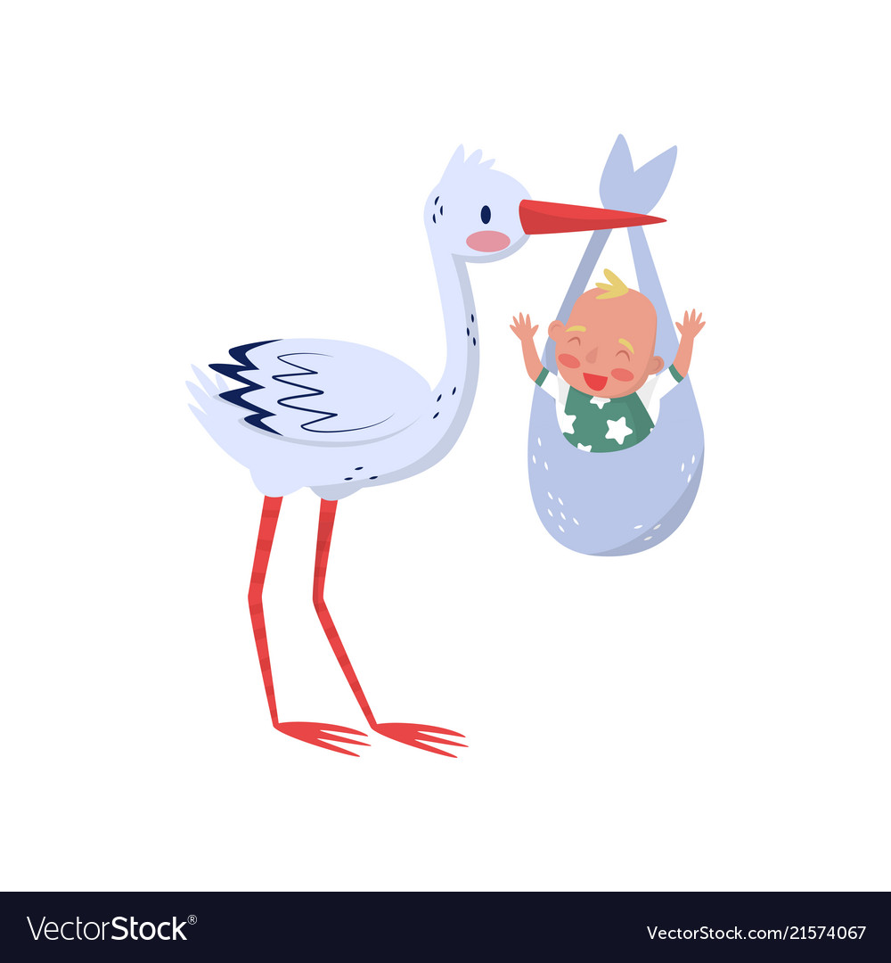 Stork holding bag with cheerful child bird Vector Image