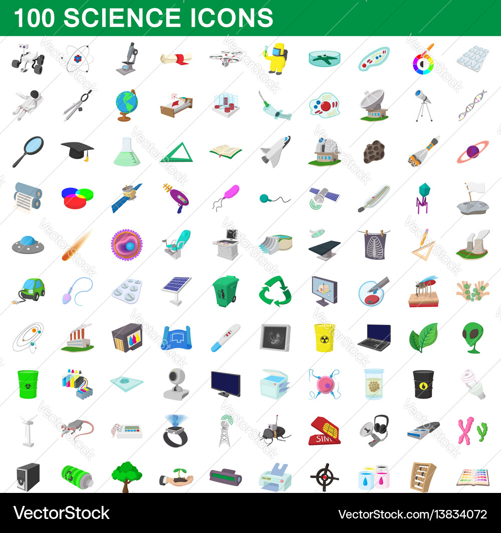 100 Science Icons Set Cartoon Style Royalty Free Vector