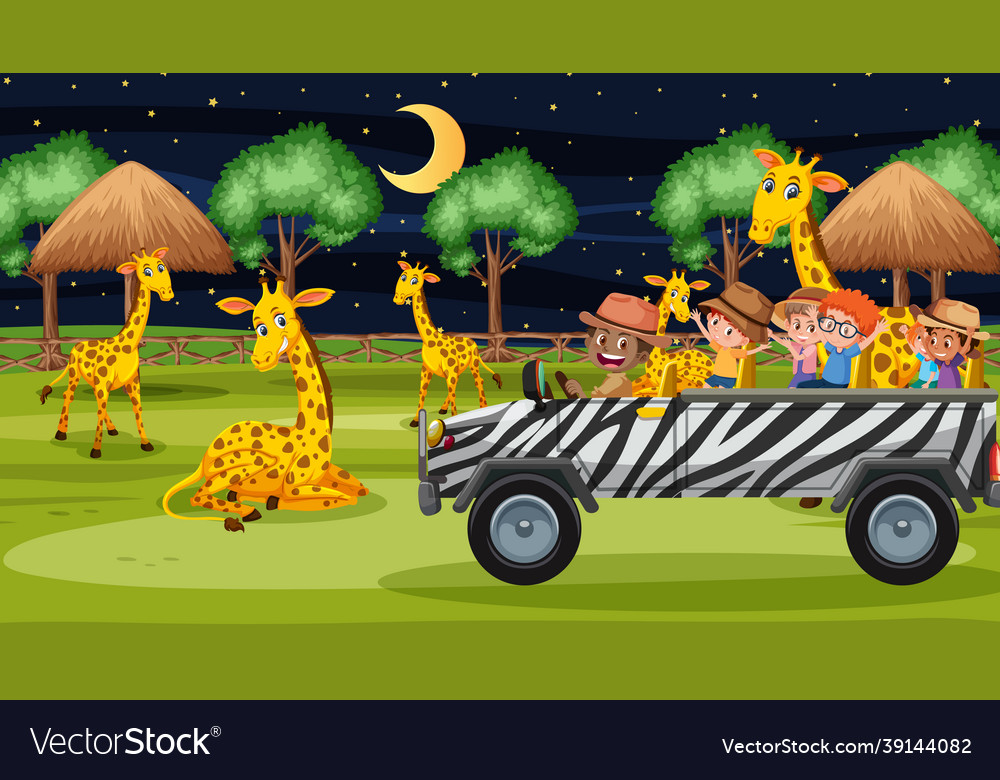 Safari at night time scene with children watching