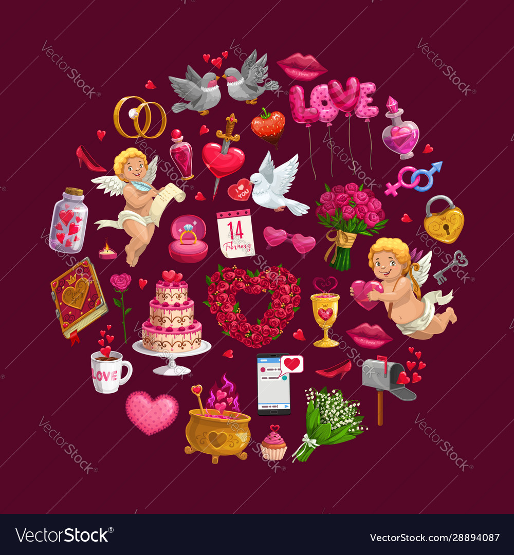 Circle valentines day gifts flowers and rings Vector Image