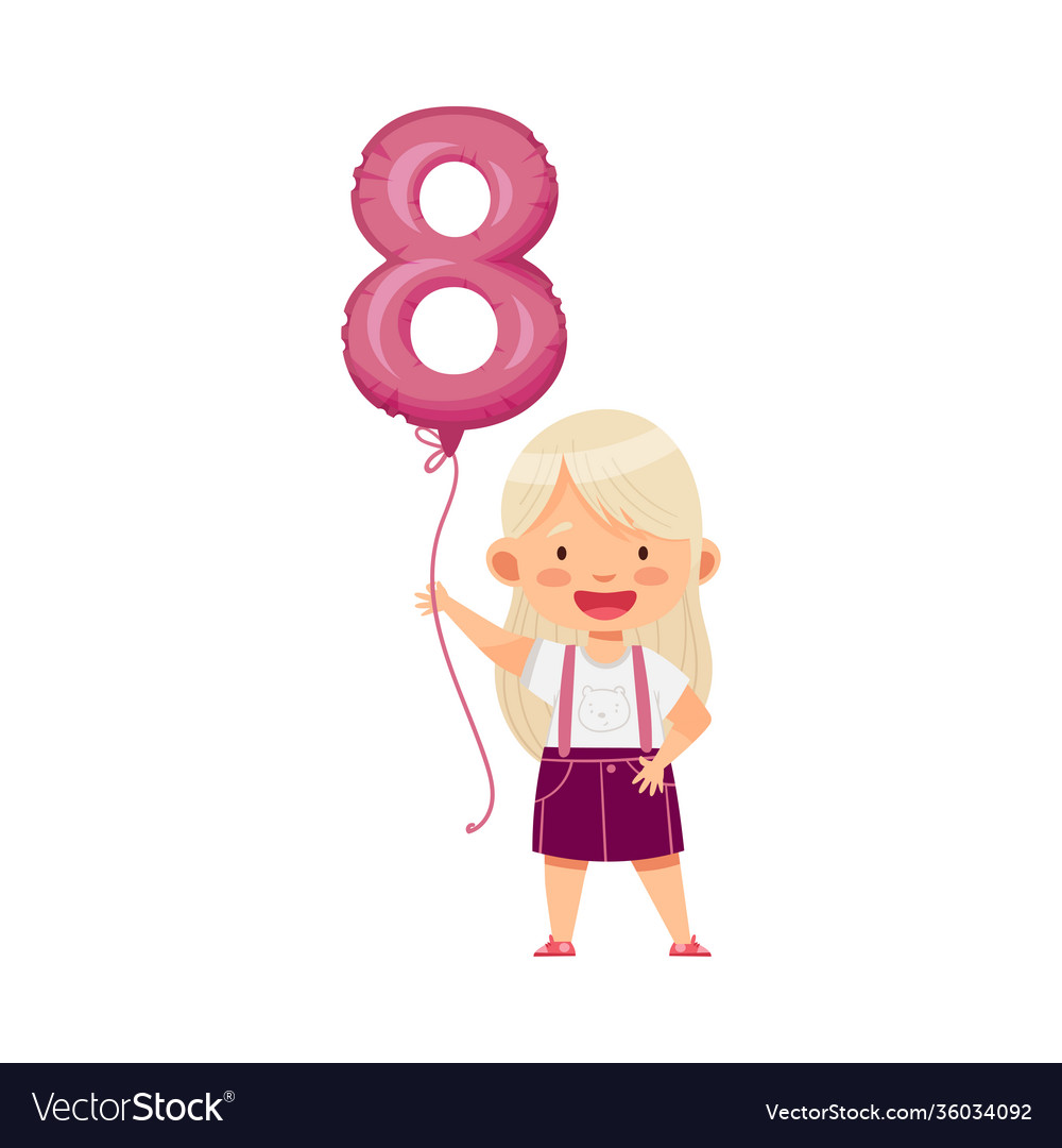 Blond girl holding purple number shaped balloon Vector Image