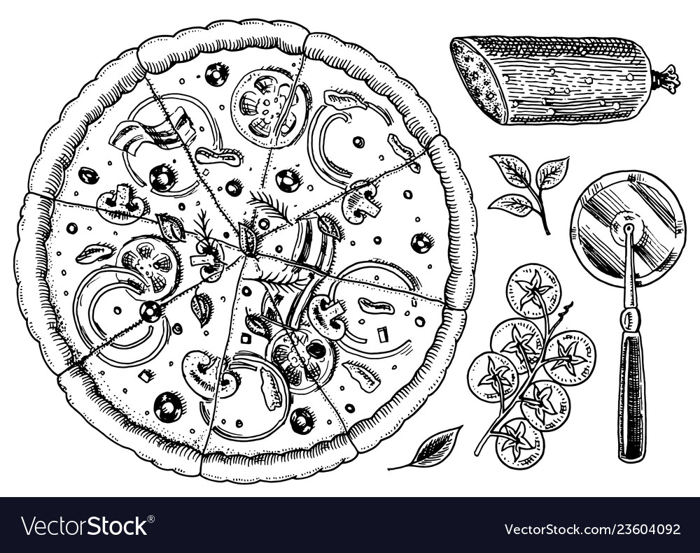 Скетч пицца Италия черно-белая