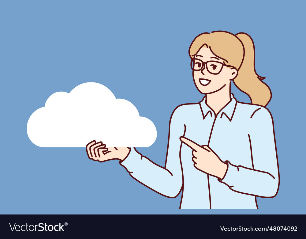 Woman demonstrates cloud symbolizing internet