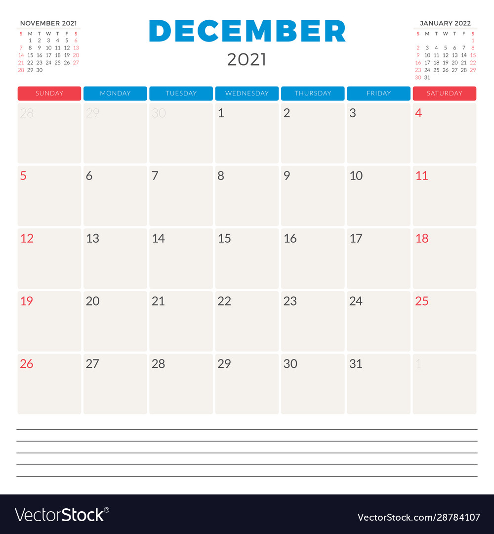 Calendar planner for december 2021 week starts Vector Image