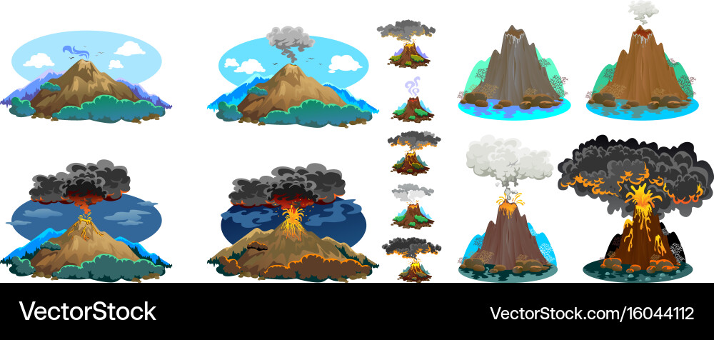 A set volcanoes varying degrees eruption Vector Image