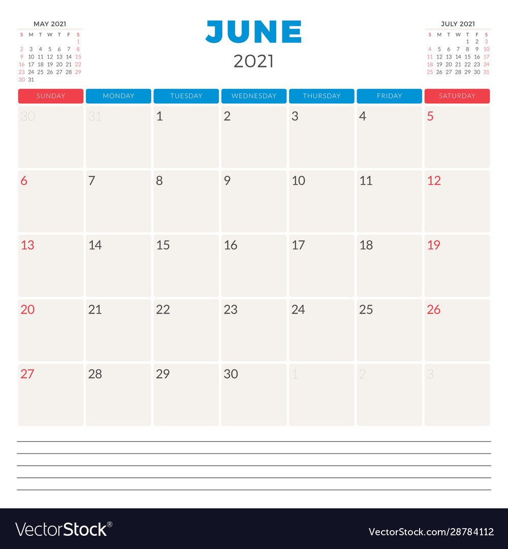 Calendar planner for june 2021 week starts vector image