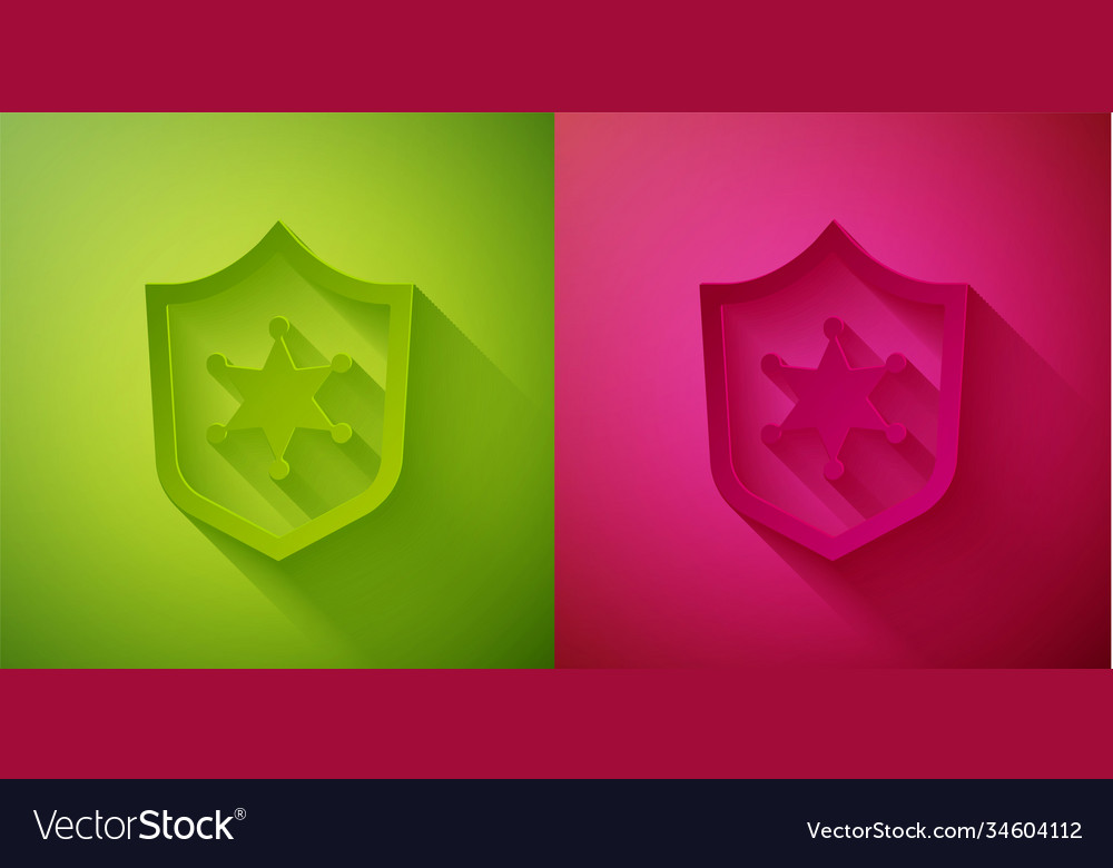 Paper cut police badge icon isolated on green