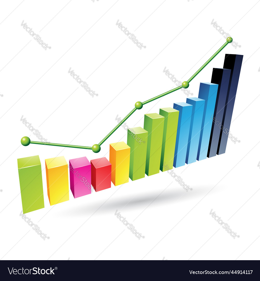 Rising stats graph with 3d blue green yellow