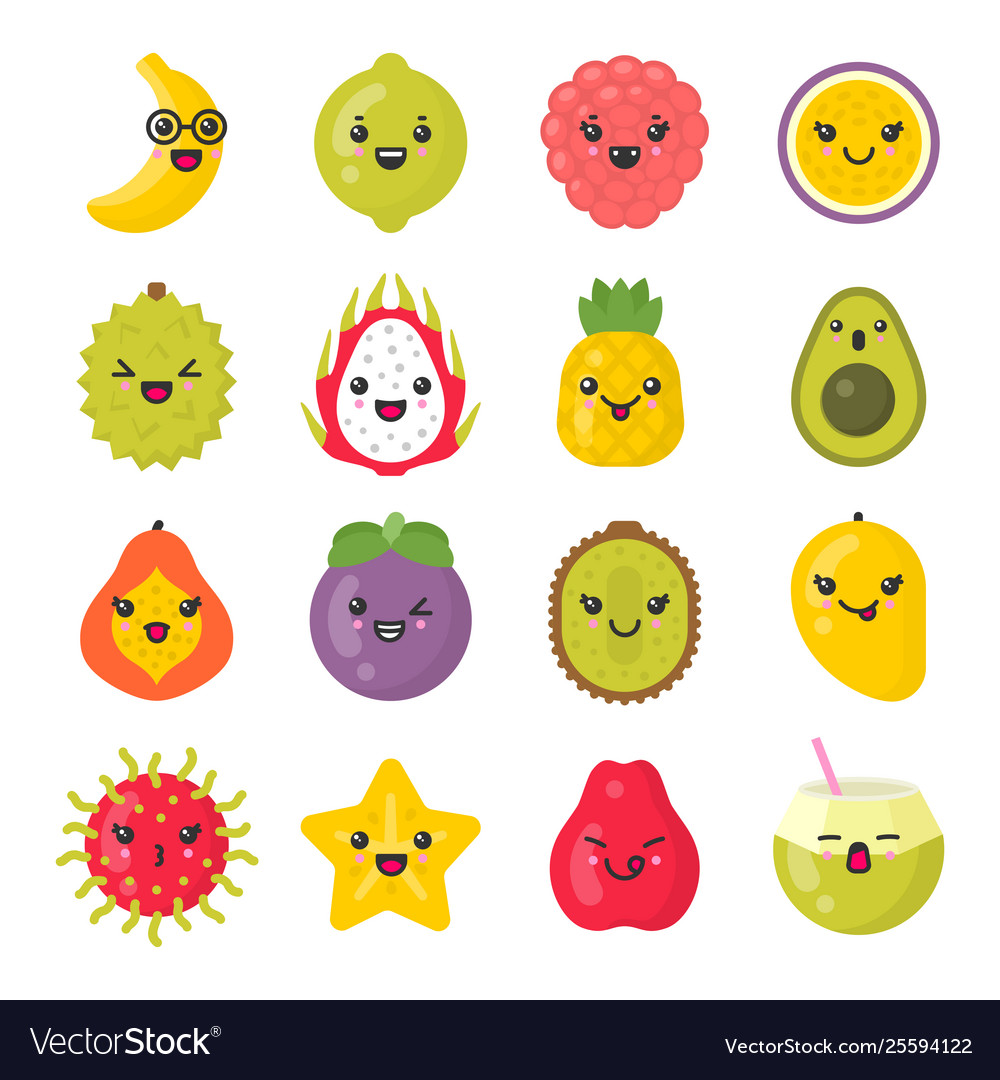 Cute smiling exotic fruits isolated colorful Vector Image