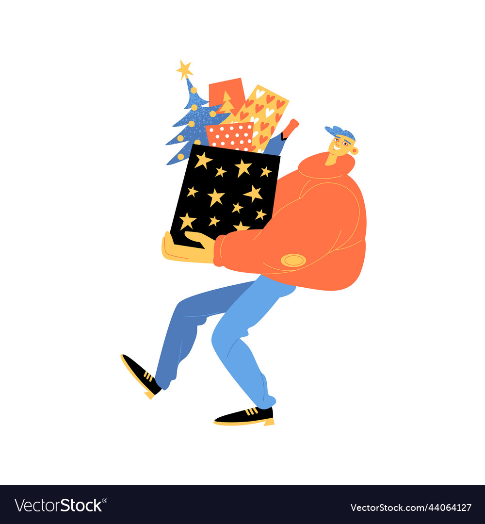 Christmas sale concept a young man carries boxes