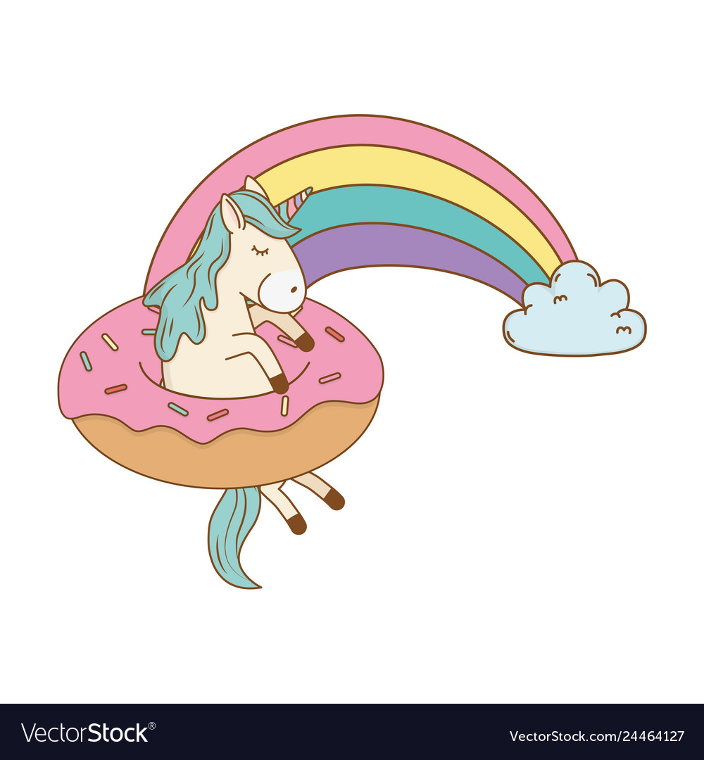 Cute fairytale unicorn in donut with rainbow