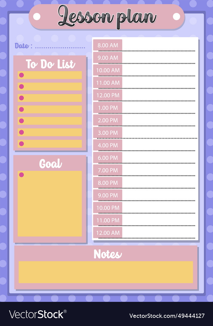 Lesson study plan hourly schedule for effective Vector Image