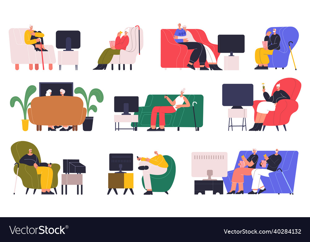 Elderly people watching tv old characters resting Vector Image