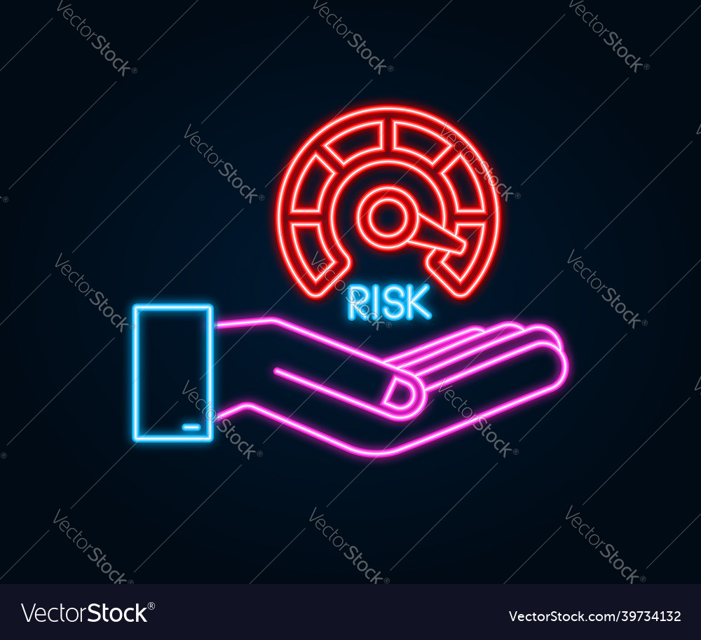 Risk neon icon on speedometer in hands high