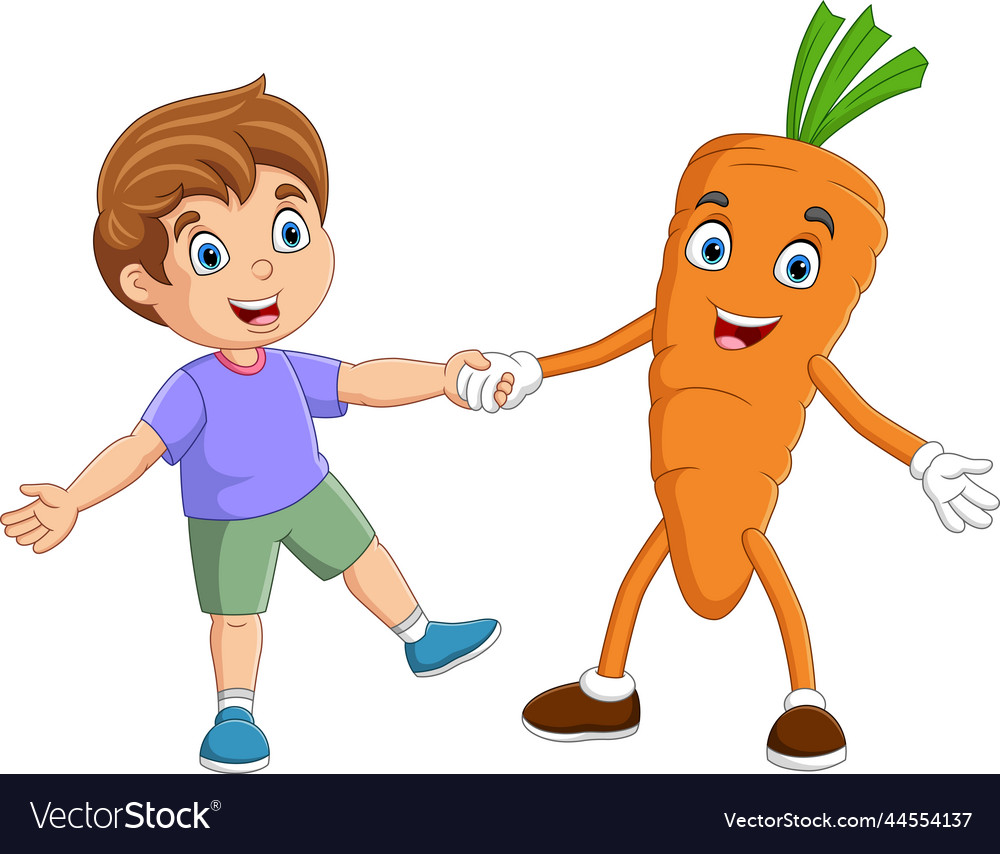 Cartoon little boy dancing with carrot mascot