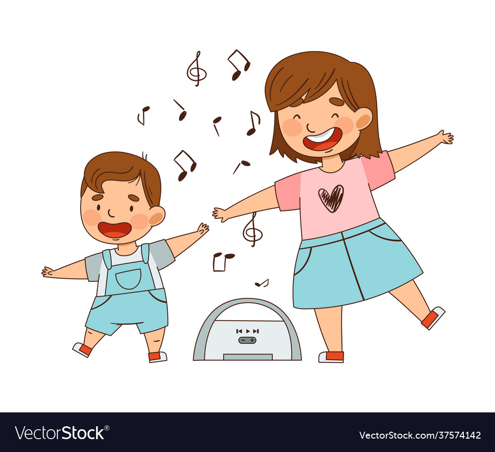 Cheerful sister with her little brother dancing