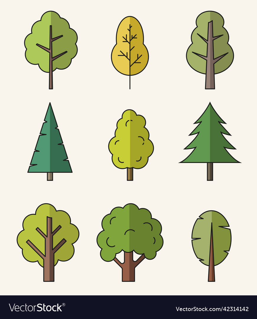 Colorful isolated flat style icons of trees