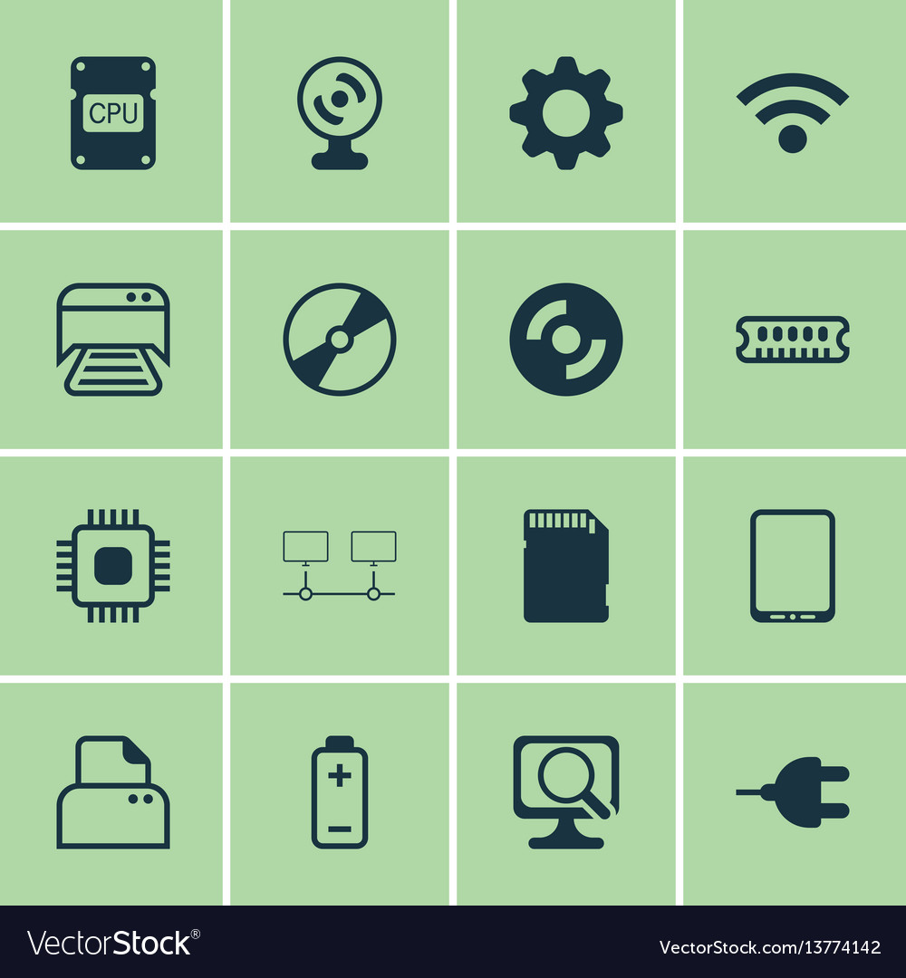 Set of 16 computer hardware icons includes Vector Image