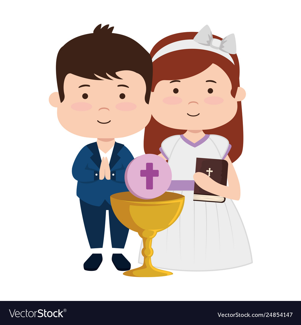 Little kids with chalice and bible first communion