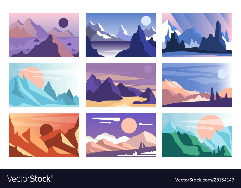 Mountain landscape set scenes nature Royalty Free Vector