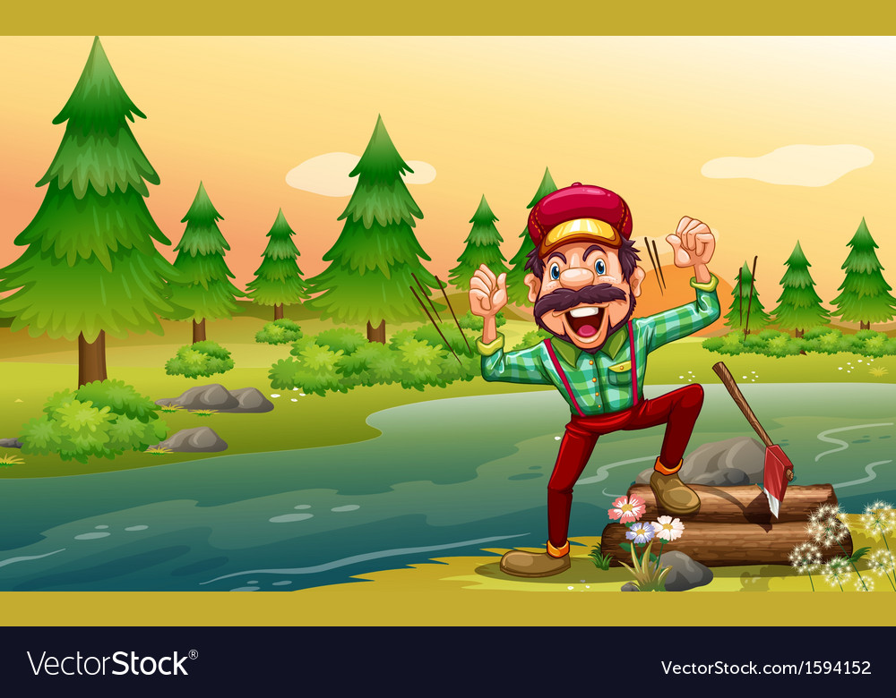 A happy lumberjack at the riverbank