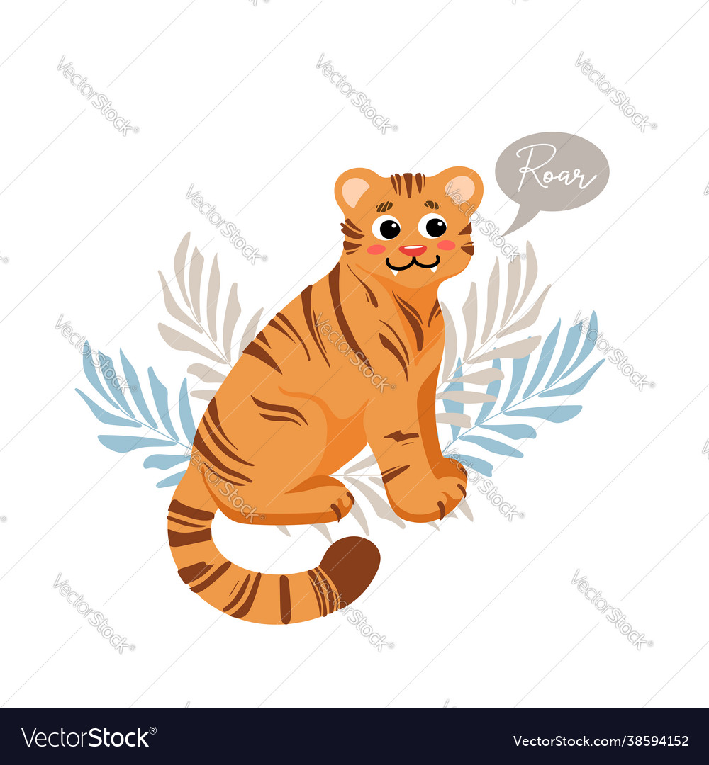 Cute sitting tiger growls roar children