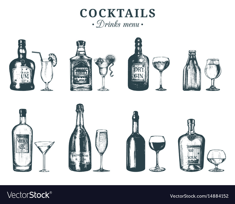 Hand sketched bottles and glasses of alcoholic Vector Image