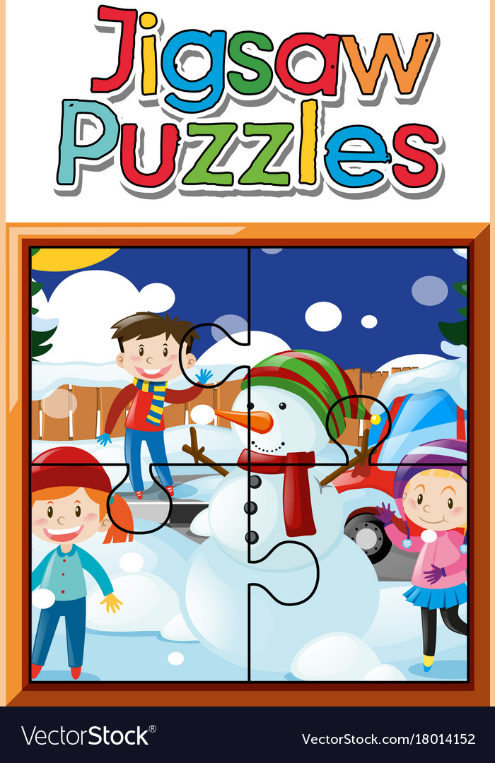 Jigsaw puzzle game template kids and snowman Vector Image