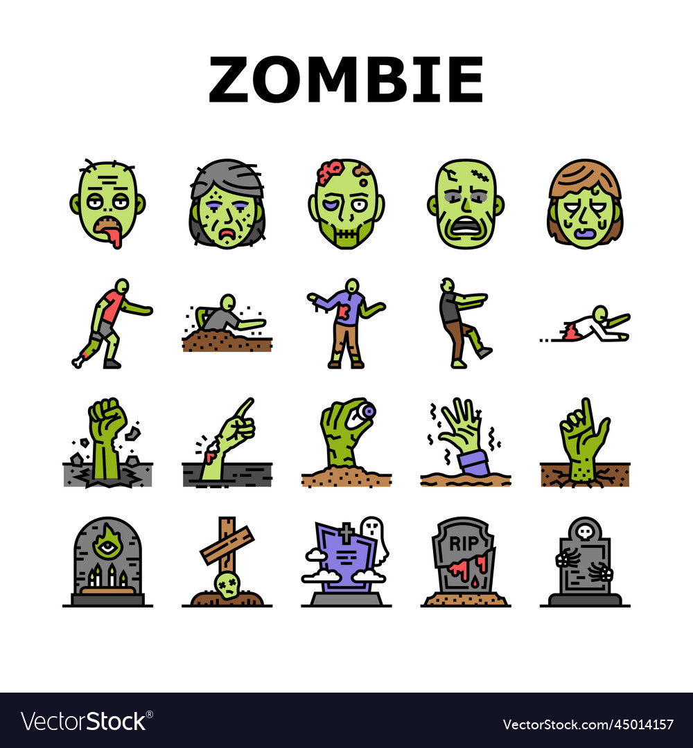 Zombie horror scary dead evil icons set Royalty Free Vector