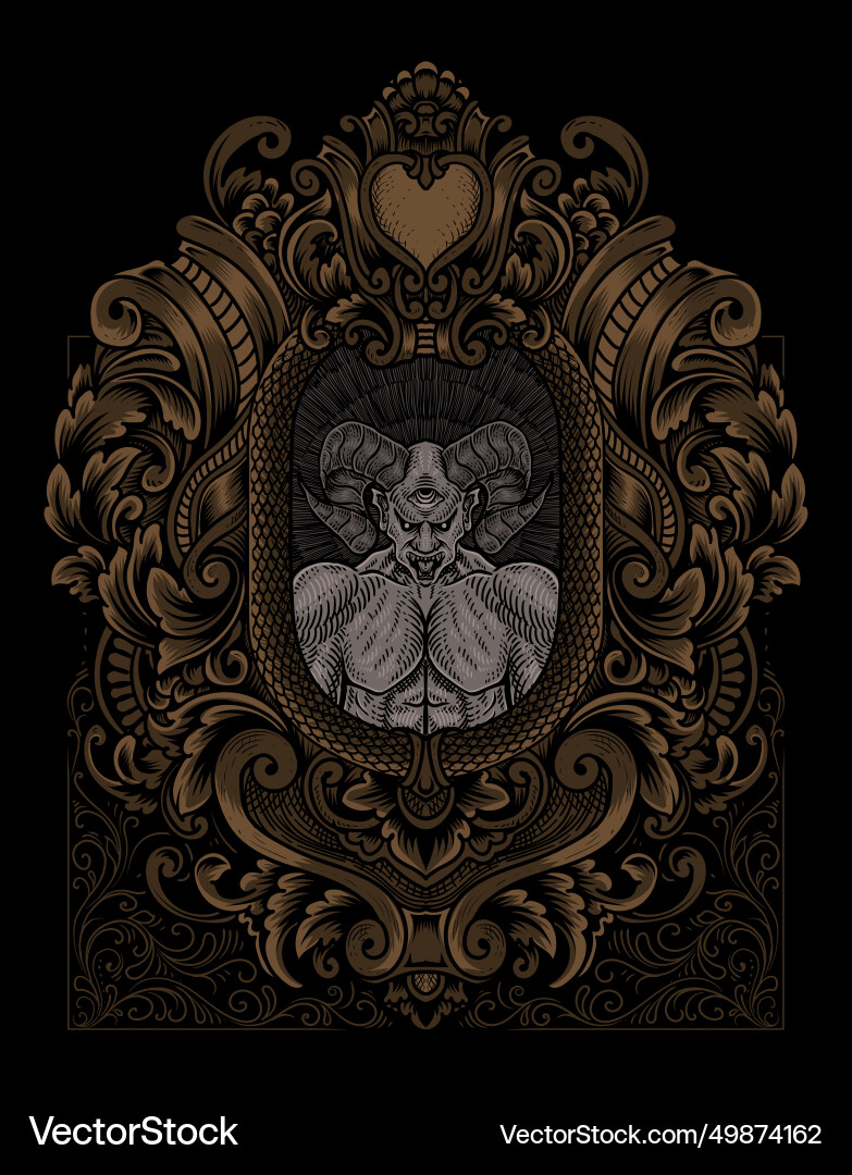 Scary demon with vintage engraving frame Vector Image