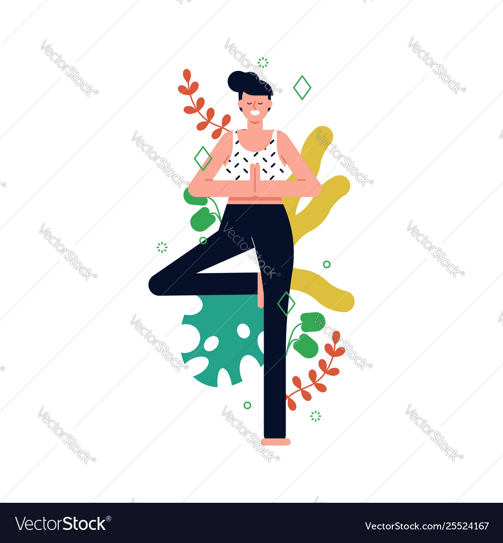 Girl doing tree pose yoga with plant leaves Vector Image