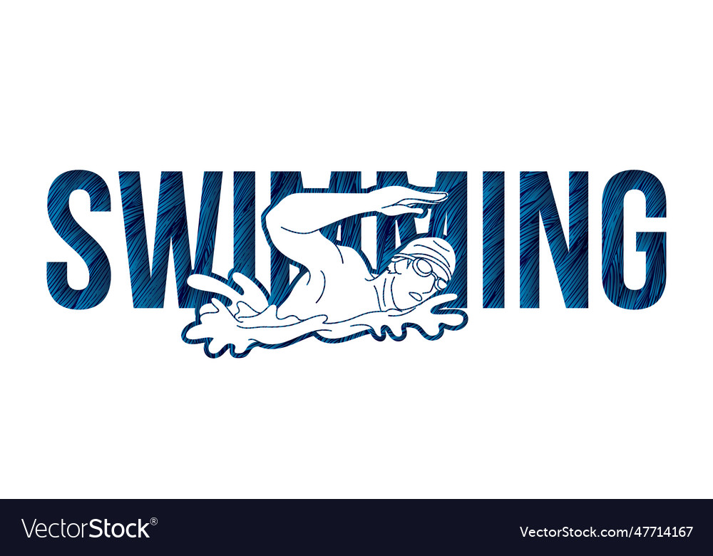 Swimming text with swimmer cartoon sport graphic