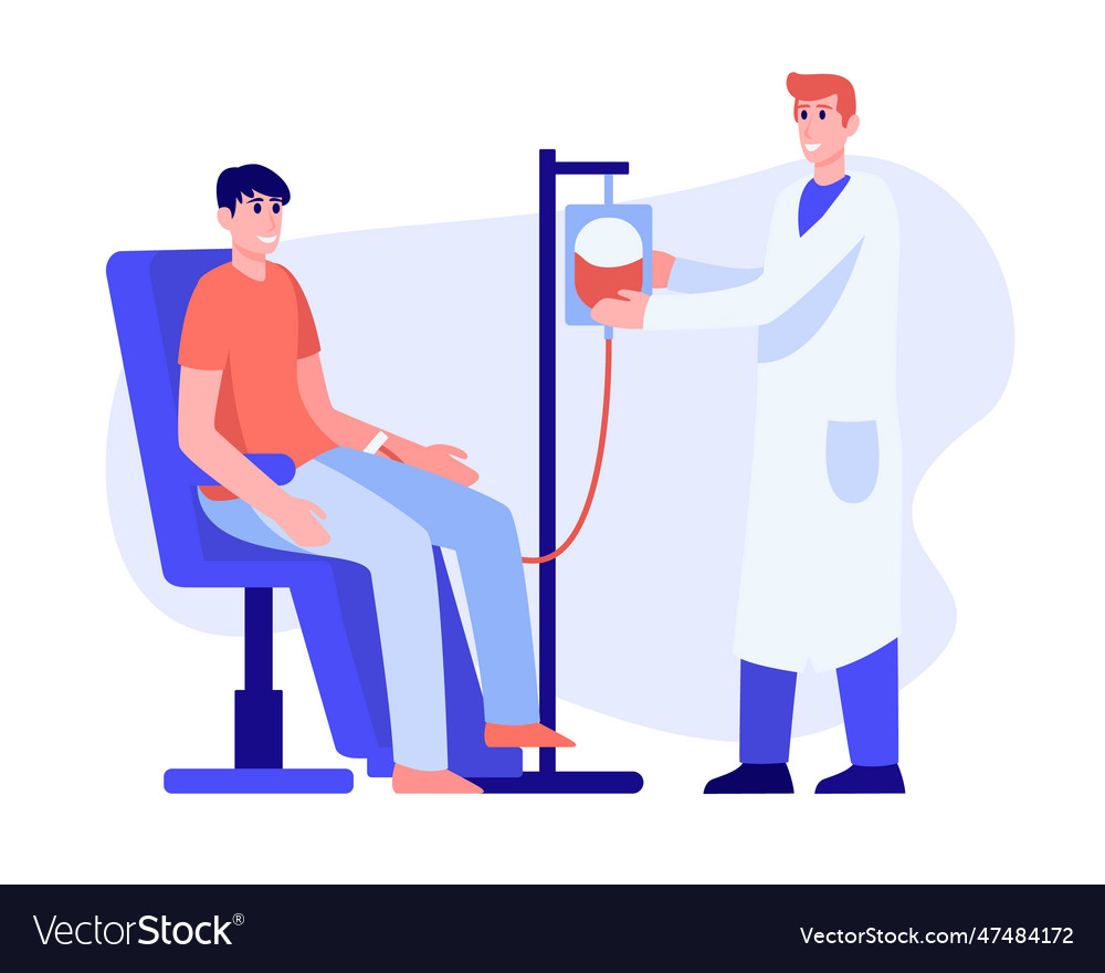 Colored cartoon man donating his blood in hospital