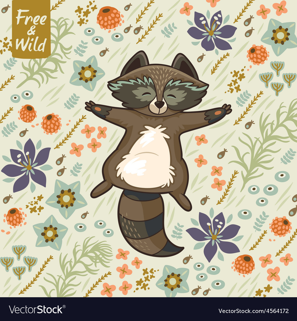 Funny little raccoon resting on the meadow