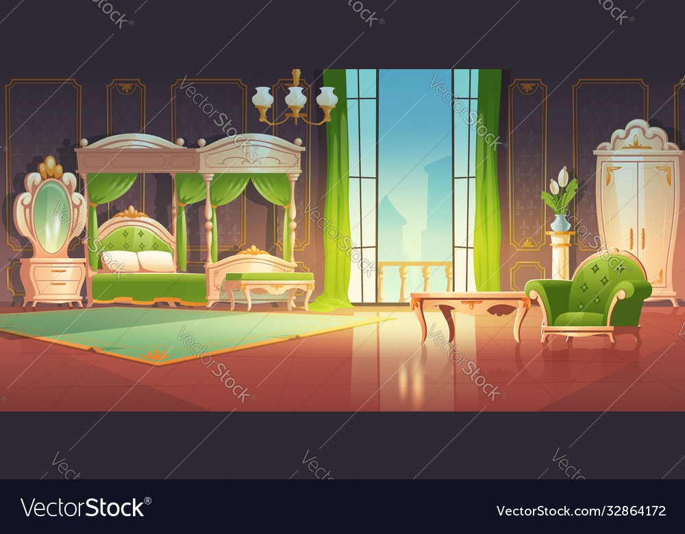 Luxury baroque bedroom with open doors to balcony Vector Image