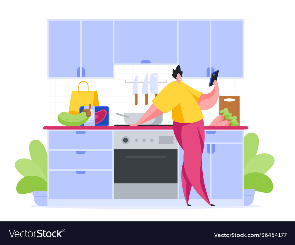 Man in kitchen reads recipe for snack Royalty Free Vector