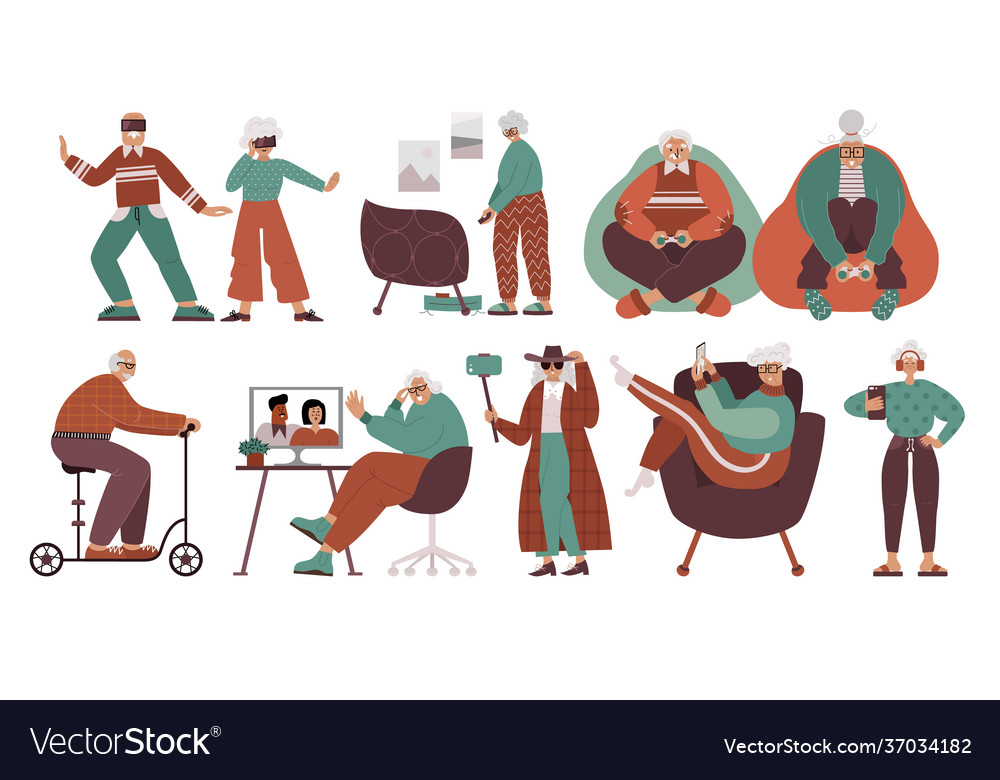 Old people and technology flat character set Vector Image